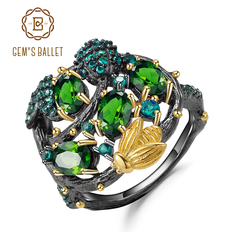 Женское кольцо из диопсида GEM'S BALLET натурального серебра 925 пробы с цветами
