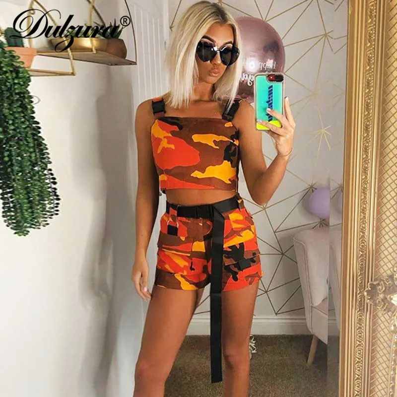 Dulzura summer women two piece set shorts set camouflage streetwear crop top outfit cargo pocket tracksuit 2 piece clothes