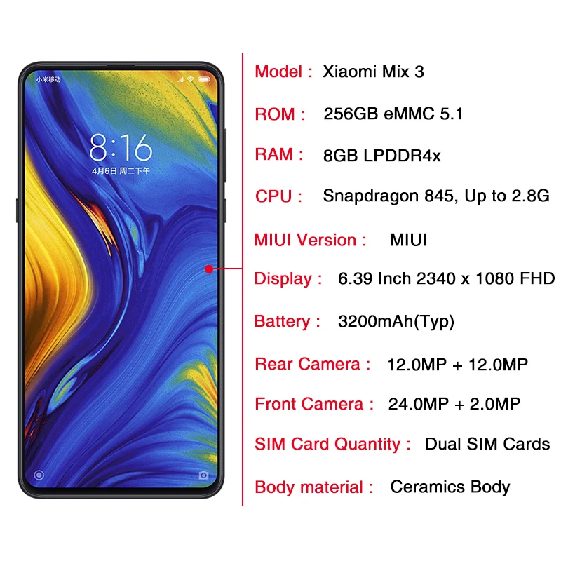 Оригинальный Xiaomi mi x 3 8 Гб 256 Silder полный экран мобильного телефона Snapdragon 845 Octa Core AI