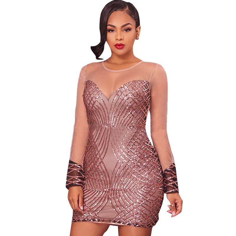 2017 прозрачные блестящие платья с длинным рукавом женские сексуальные сетчатые