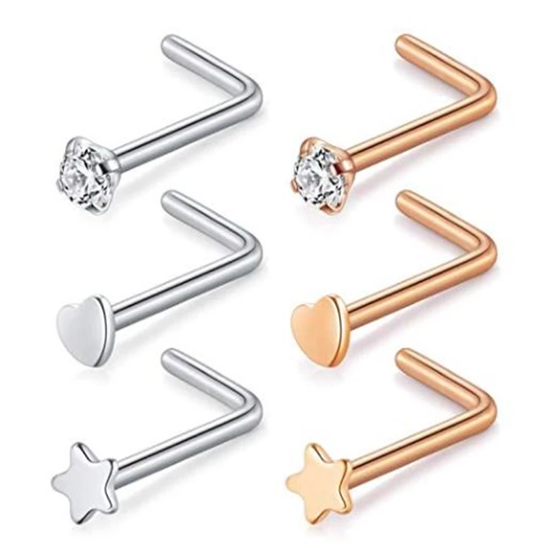 

JFORYOU20G 6PCS Nose Studs Screw L Bend Shape Stainless Steel Cubic Zirconia Heart Top Nose Piercing Body Jewelry Rose