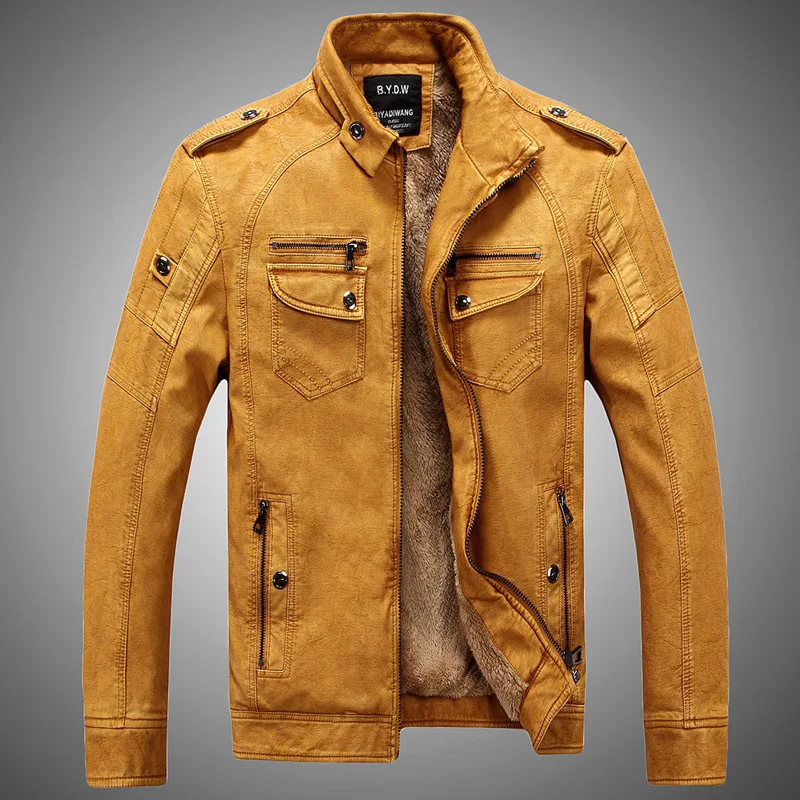 New Fleece Pu Leather Jacket Men Stand Collar Solid Punk Outerwear Motor Biker Overcoats Large Size Male Jackets | Мужская одежда
