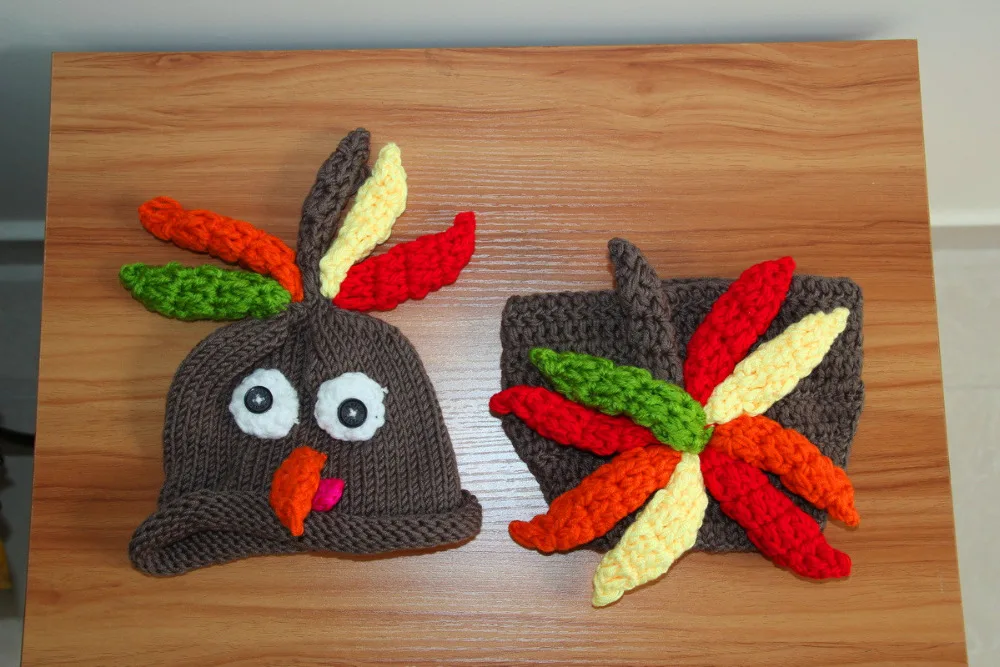 free shipping Newborn Crochet Knit Costume Photo Photography Prop baby turkey hat with Diaper Cover Set size:0-1m 3-4m | Детская одежда