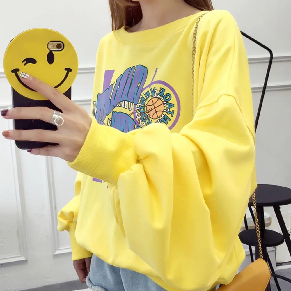 Harajuku женские осенние худи мультфильм печатных пуловер длинные рукава с круглым