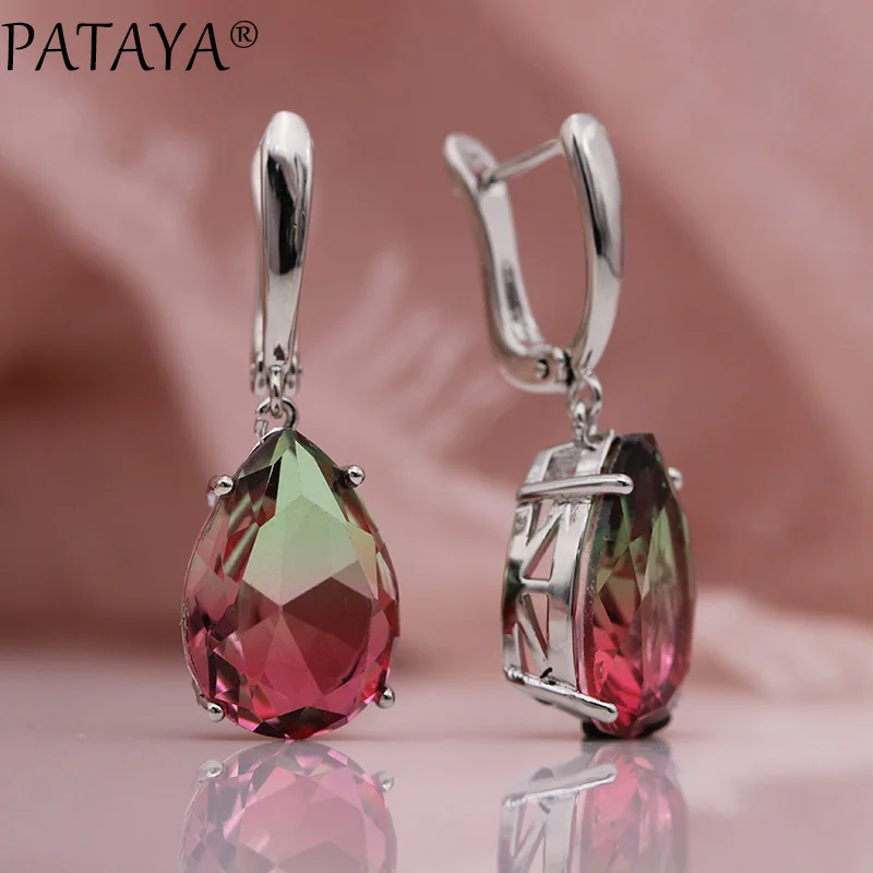 Женские серьги кольца PATAYA длинные турмалиновые с каплями воды белого золота