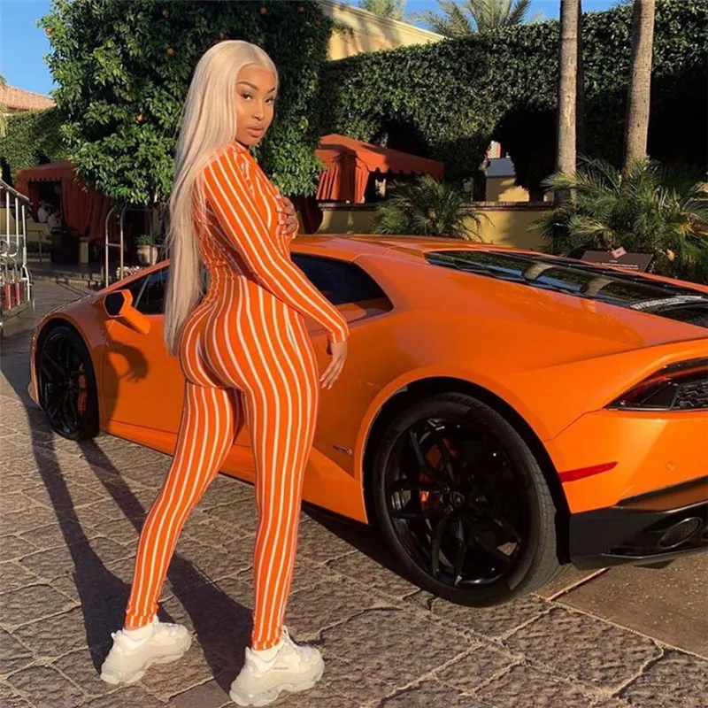 Женский полосатый комбинезон с глубоким V образным вырезом и длинными