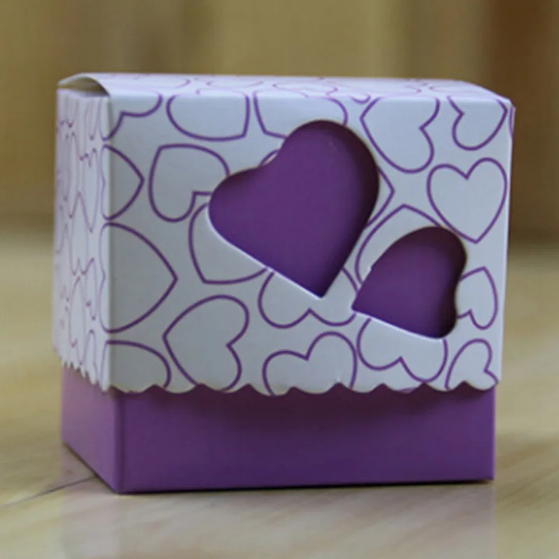 purple 50 шт. бумажные коробки для конфет двойные Полые Любовь Сердце лазерный Дизайн Свадебные вырезы пользу сладкие подарки с Sup ленты - Цвет: purple