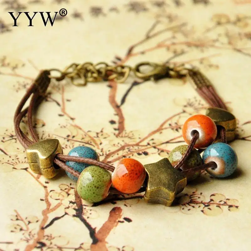 Fashion Ethnic Style High Quality Original Ceramic Bronze Adjustable Handmade Porcelain Beads Rope Charm Bracelet For Women Girl | Украшения