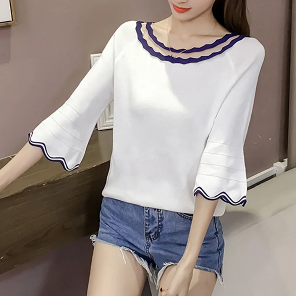 Корейские Демисезонные женские шею вязать одежда с расклешенными рукавами