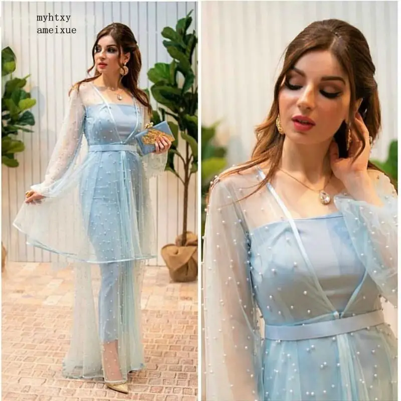 

New Arrival Arabic Long sleeve evening dresses 2020 evening gown Pearls beaded Prom dresses abiye kaftan dubai evening dress