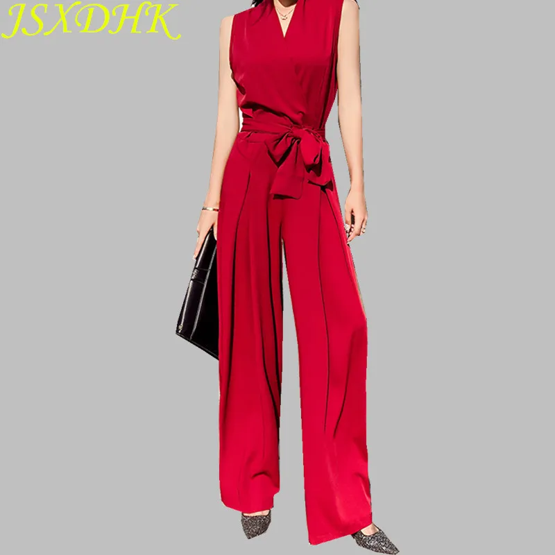 

JSXDHK Office Ladies Sleeveless Women Jumpsuit Summer Chic Bowknot High Waist Overalls Sexy V Neck Wide Leg Trousers Jumpsuit