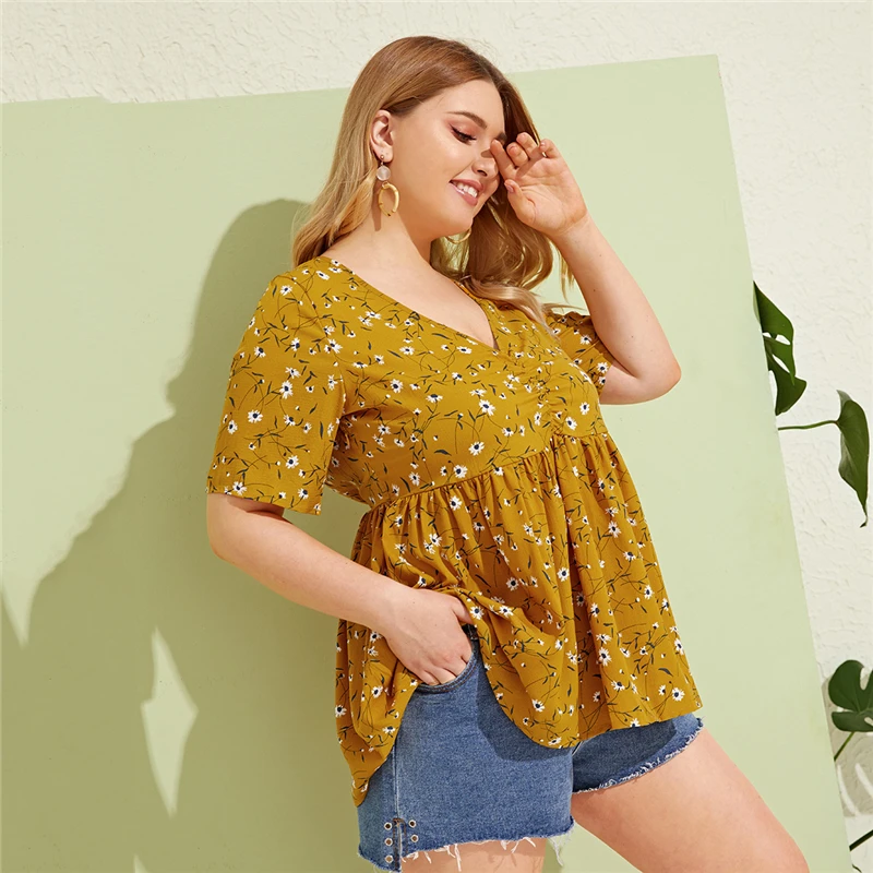 Dotfashion, женская летняя шифоновая блузка размера плюс, имбирный гофрированный подол, цветочный узор, топ, v-образный вырез, короткий рукав, топы, женские блузки