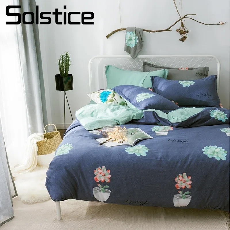 

Solstice Home Textile Navy Blue Duvet Cover Cyan Flat Sheet Pillowcase Teen Adult Woman Girls Bedding Set Full Double Bed Linens