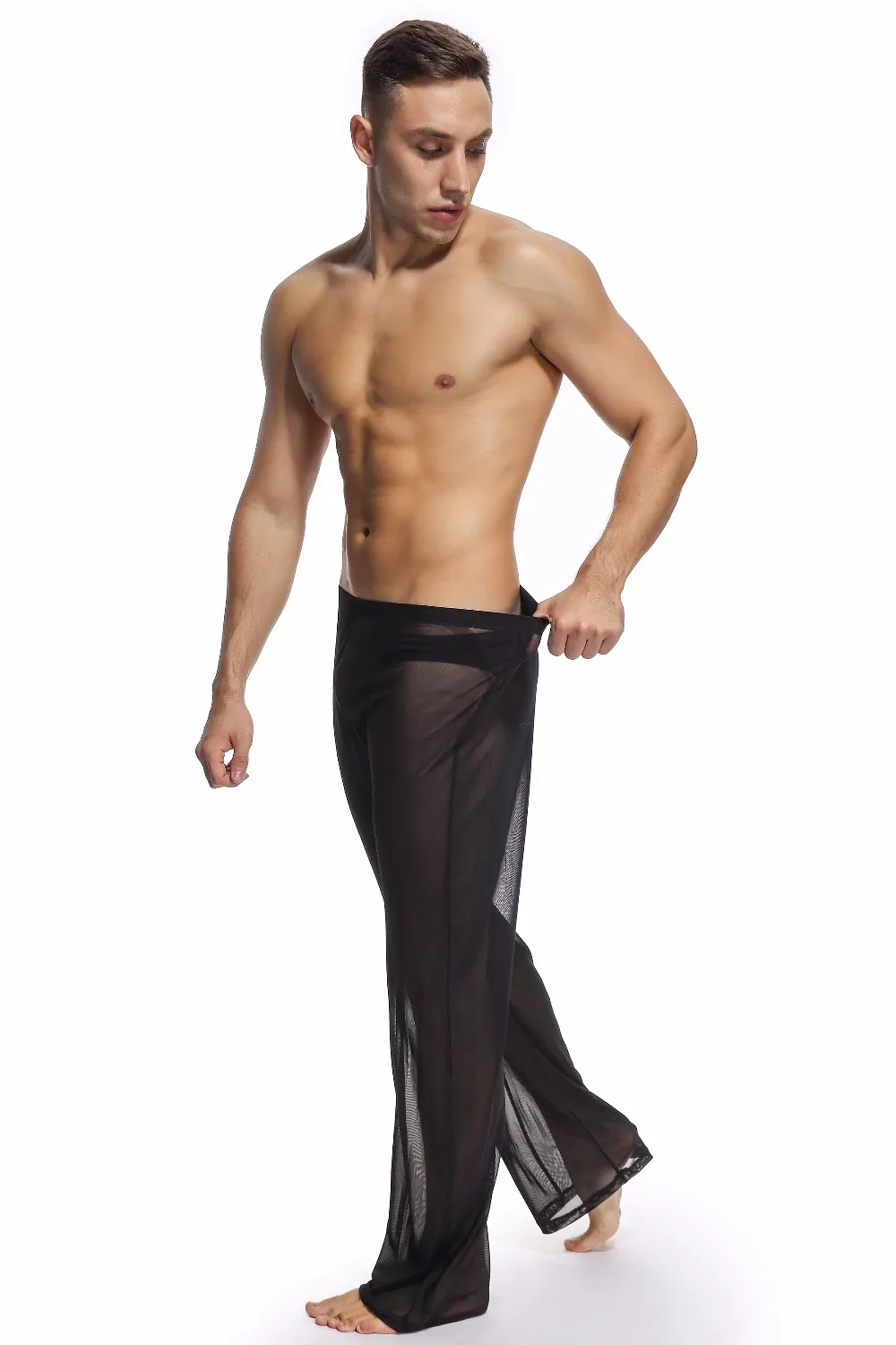 Free shipping Men's casual home mesh pants yoga pants sexy low-waisted youth net gauze transparent