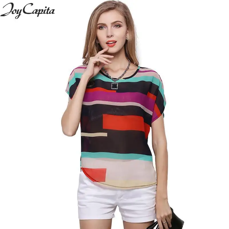 Joy Capita 2017 Striped Chiffon Women Blouses Batwing Sleeve O-neck Brand Blouse Casual Tops |