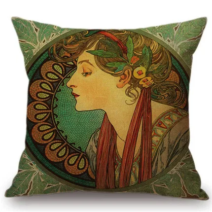 06 Vintage European Art Nouveau Mucha Gallery Decorative Sofa Pillow Cover Beautiful Beauty Girl Cotton Linen Luxury Cushion Cover - Цвет: 06