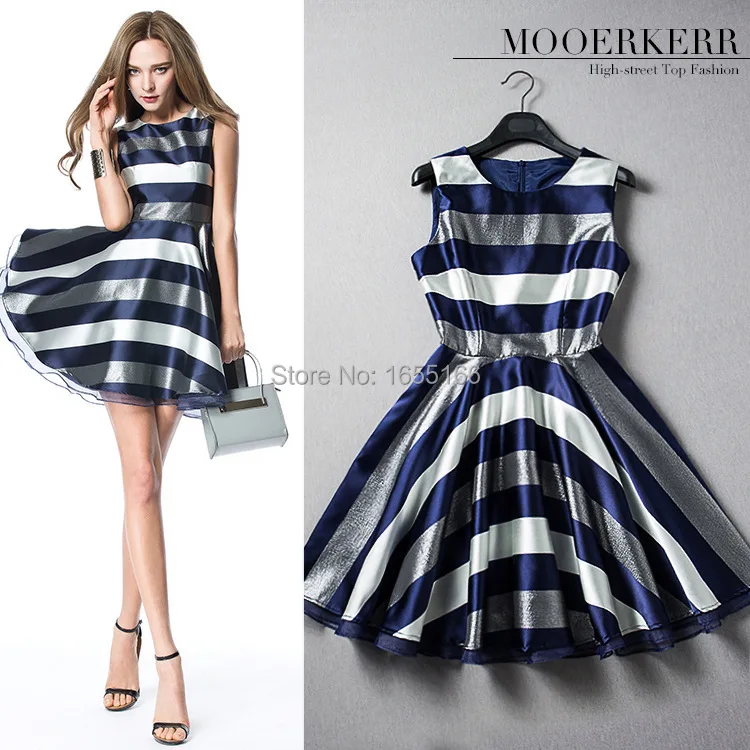 2015 European leg of and American women's spring summer stripe print sleeveless dress Slim | Женская одежда