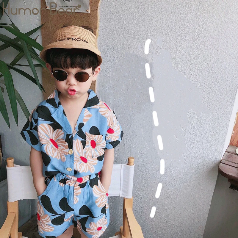 Humor Bear/летние праздничные пляжные комплекты одежды с цветочным принтом для мальчиков детские хлопковые трикотажные крутые однобортные футболки+ шорты, комплекты из 2 предметов для мальчиков