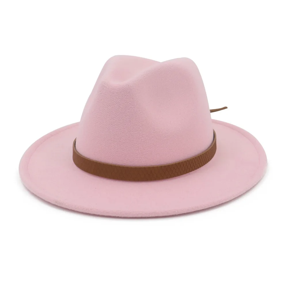 Pink Шерстяная фетровая шляпа Панама Джаз Fedoras Шляпы с поясом украшения плоские полями формальная Вечеринка и сцена топ шляпа для женщин мужчин унисекс - Цвет: Pink