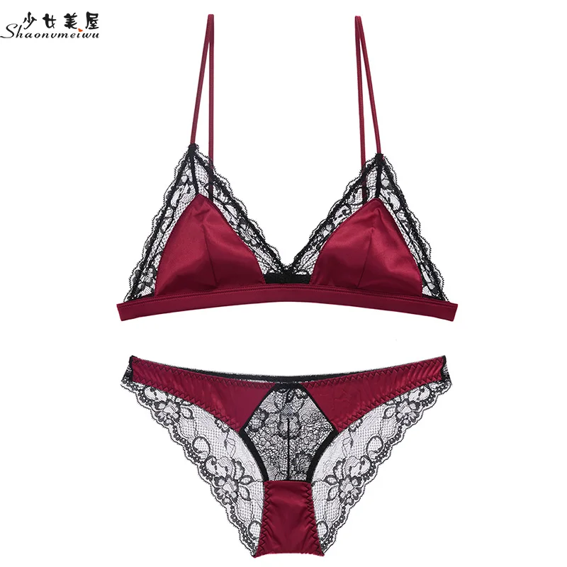 Shaonvmeiwu, кружевное нижнее белье, комплект с бюстгальтером, женское нижнее белье, треугольная чашка, тонкая, без стального кольца - Цвет: Бургундия