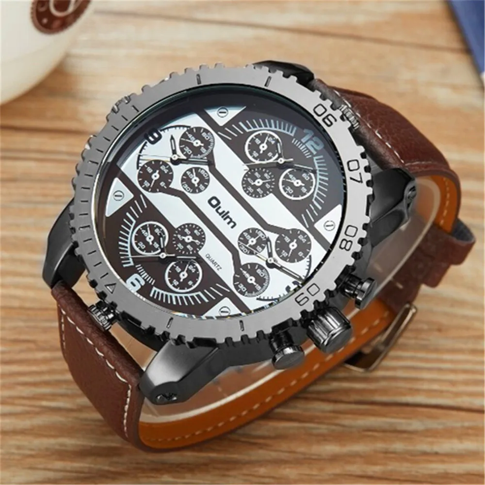 Фото Роскошные Брендовые мужские часы Oulm с кожаным ремешком аналоговые кварцевые
