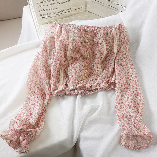 pink blouse Korobov, новинка, цветочный принт, короткий топ, рубашки, корейский стиль, с вырезом лодочкой, с расклешенными рукавами, шифоновая блуза с кружевными вставками, на пуговицах, Blusas Mujer 78248 - Цвет: pink blouse