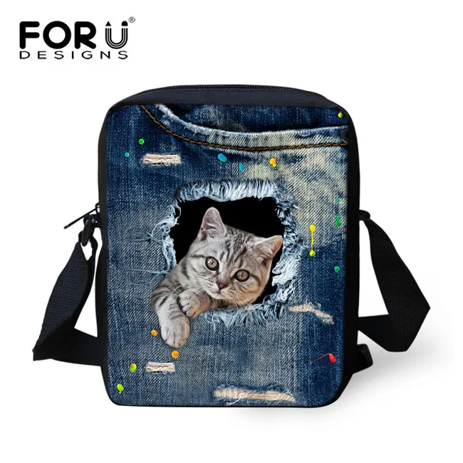 CA4914E FORUDESIGNS/женские сумки-мессенджеры, 3D джинсовая сумка на плечо с изображением животных, сумки с милым котом, сумки-мессенджеры, Детская сумка через плечо для девочек - Цвет: CA4914E