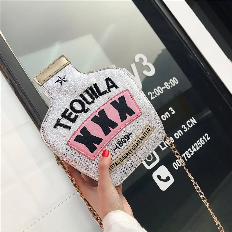 New Fashion Style Tequila Bottle Sequins Bag Messenger Handbag Women Girl Shoulder Wallet Pouch Party Chain Letters |