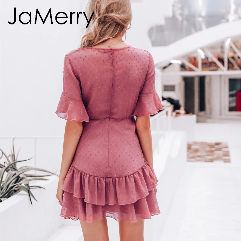 Женское винтажное платье в горошек JaMerry розовый короткий сарафан с оборками