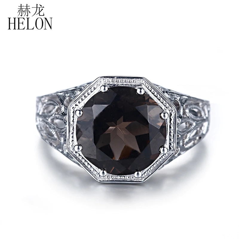 HELON Настоящее серебро 925 проба 3.76ct круглый вырез подлинная дымчатый кварц обручальное кольцо для женщин свадебные старинные ювелирные украшения