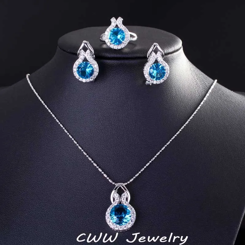 CWWZircons бренд 925 пробы серебряные ювелирные изделия модный светильник Синий CZ Кристалл ожерелье серьги и кольцо набор для женщин T200