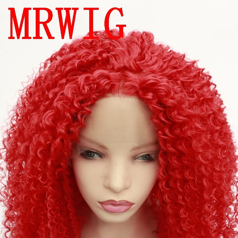 MRWIG 18in Red Hair Color Middle Part Kinky Curly Synthetic Lace Wig Heat Resistant Fiber African Americans | Шиньоны и парики