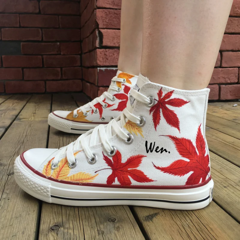 

Wen White Hand Painted Shoes Original Design Custom Maple Leaves High Top Men Women's Canvas Sneakers Christmas Gifts