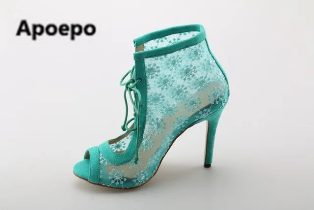 

Ladies Floral Embroidery Lace Mesh Peep toe Ankle Boots Women Thin High Heels Lace Up Floret Short Bottines Bridal Wedding Shoes