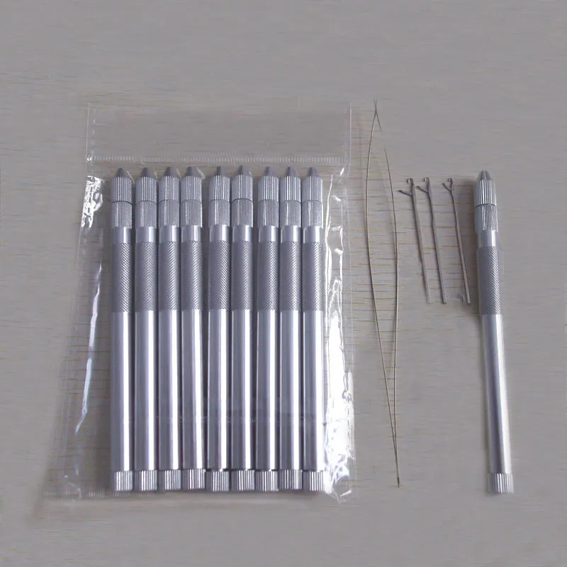 

10 Sets/LOT Aluminium Handle Multifunction Pulling Needle for Micro Rings Links Loop Hair Extension Tools 3 needles + 1 threader