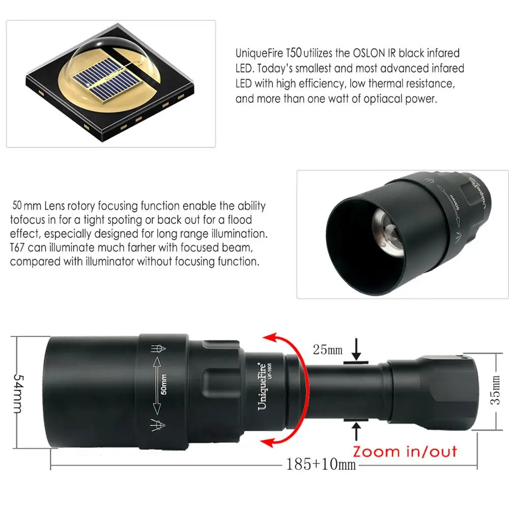 UniqueFire 1605 USB Перезаряжаемый T50 IR 940nm светодиодный фонарик инфрасветильник 50 мм