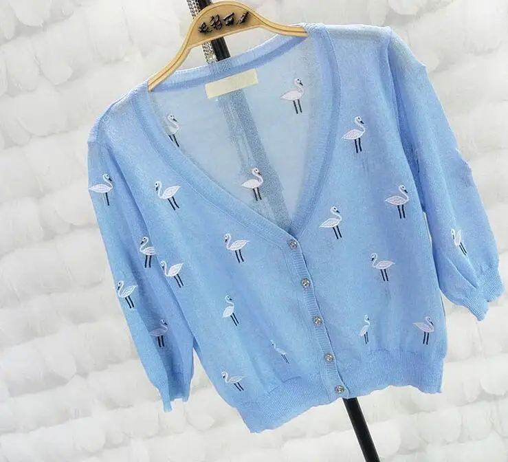 W001676 blue Шелк льда вышивка Лебедь тонкий женский кардиган вязаный свитер Болеро три четверти крючком Женский v-образный вырез женские кардиганы Топы 1676 - Цвет: W001676 blue