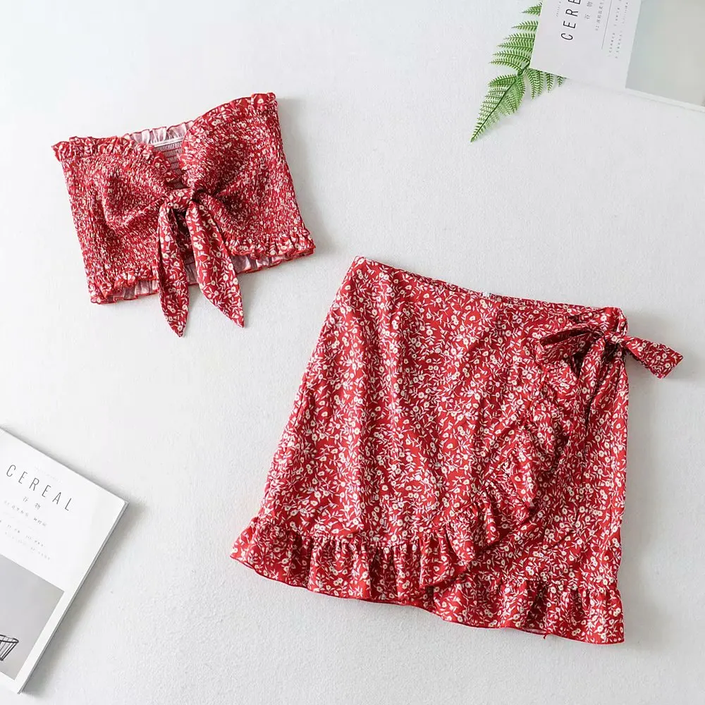 

2019 new design women skirt suit crop top with bow and tops mini skirts suits streetwear summer woman beach fashion clothes