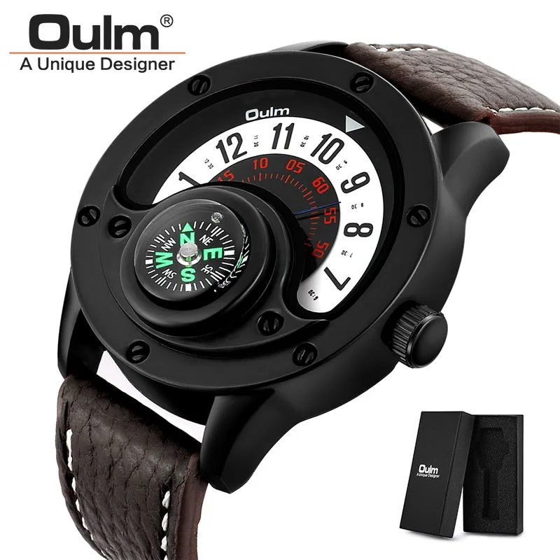 Red(with box) Oulm новые мужские часы с кожаным ремешком повседневные аналоговые наручные часы мужские модные кварцевые часы для мужчин часы Relogio Masculino - Цвет: Red(with box)