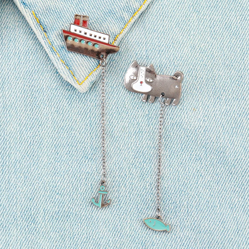 Милая мультяшная кошка котенок рыба парусная лодка металлическая брошь булавки