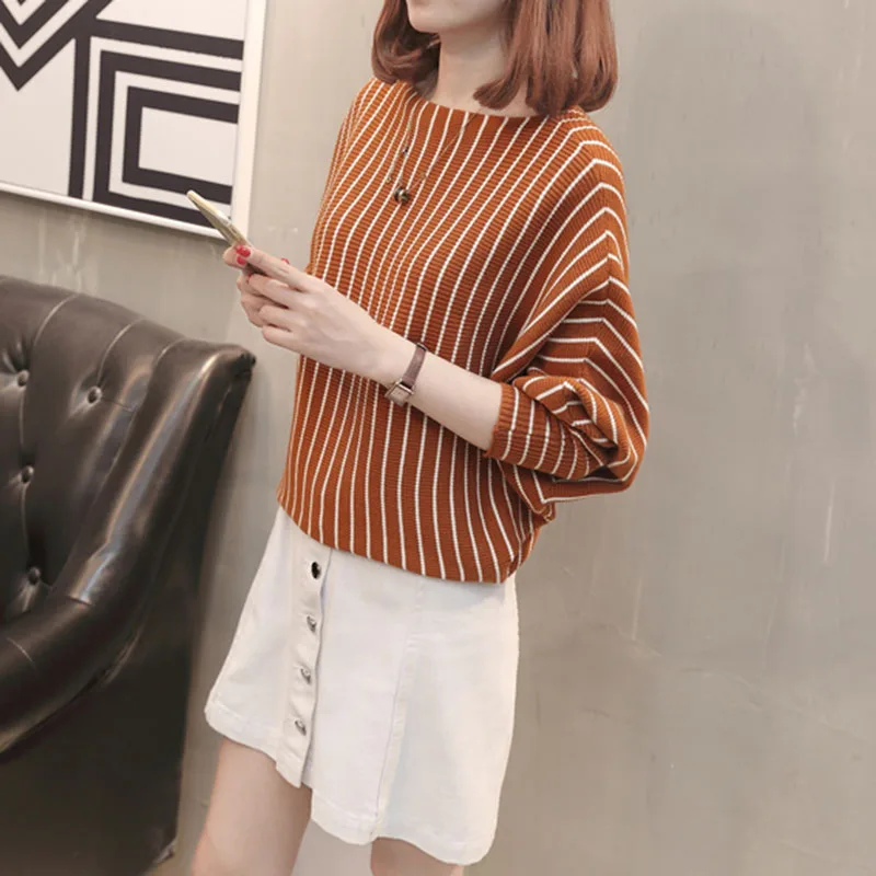 2021 Autumn Sweater Women Pullover Knitted Striped Batwing Fashion Loose Pullovers Knitwear Black Ladies Fall Sweaters | Женская одежда