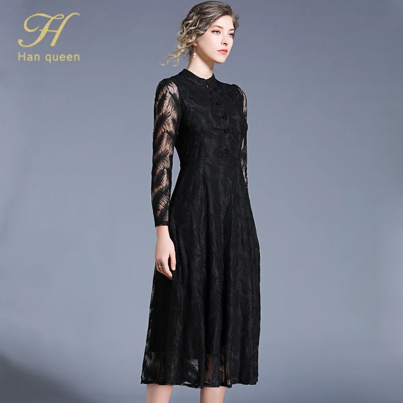 BLACK H han queen, женское повседневное длинное платье для работы, модные жаккардовые кружевные платья в винтажном стиле, большие качели, тонкие вечерние платья - Цвет: BLACK