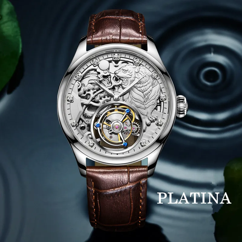 Platina ANGELA BOS роскошные механические часы для мужчин водонепроницаемые 3D Tiger Tourbillon автоматические наручные часы мужские часы из розового золота Montre Homme - Цвет: Platina