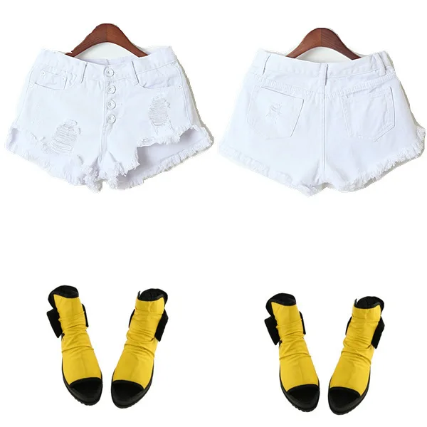 Распродажа Женские джинсовые белые шорты Разрушенные на пуговицах спереди