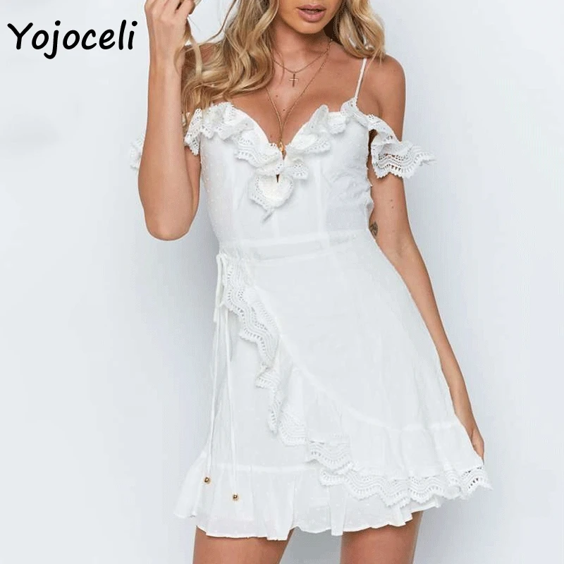 Yojoceli, сексуальное кружевное платье, вязаное крючком,, летнее, сексуальное, с запахом, кружевное платье, бохо, Пляжное, вечерние, на бретелях, сарафан