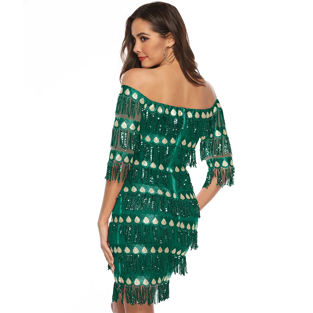 

Sexy off shoulder slash neck tassel sequin bodycon dress rave glitter dress Formal cocktail party night club dancer prom dresses