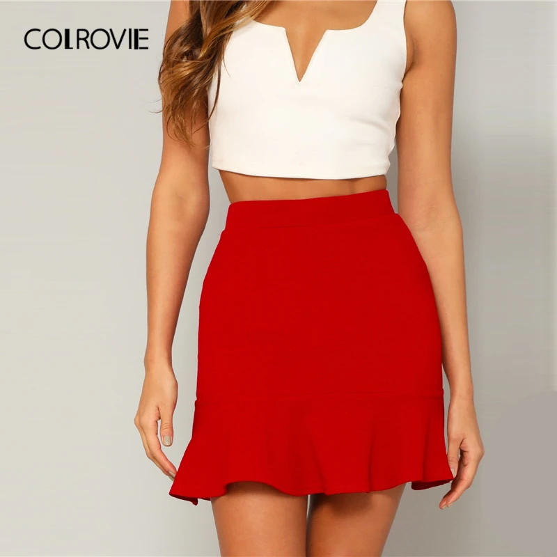 COLROVIE, красные, одноцветные, с рюшами, элегантные, вечерние, юбки, для женщин, низ,, летние, высокая талия, карандаш, мини юбка, для офиса, для девушек, юбки