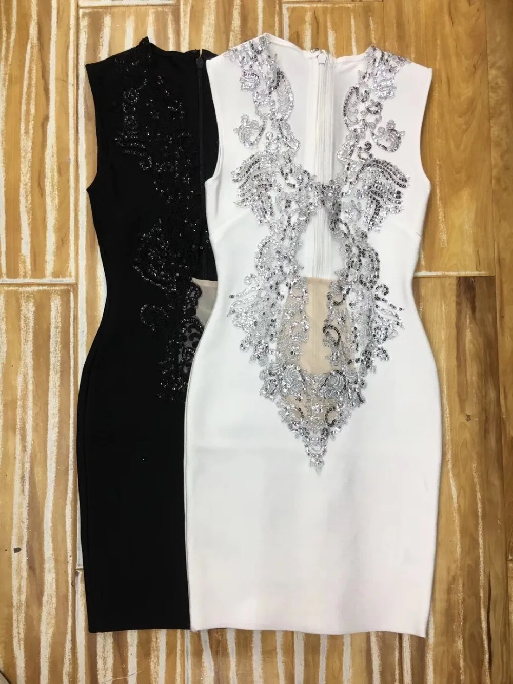 

New Summer White Black v neck Beading Party Elegant Sleeveless Bandage Bodycon Vestidos Celebrity Clubwear Sexy Dress