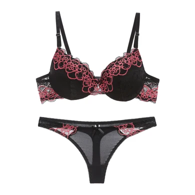 Ladychili женщи интимные сексуальные Кружево Флора Вышивка Push-Up Bra стринги Набор бесшовные мяч В виде ракушки топ-Бюстгальтер Трусики для женщин женское белье костюм n364 - Цвет: Черный