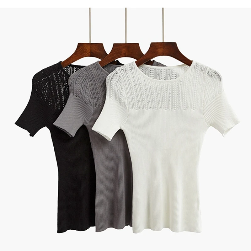 ONLYSVTER Knitted Summer T shirt Women Hollow Out Short Sleeves Top High Elasticity Fashion Female Tshirt | Женская одежда